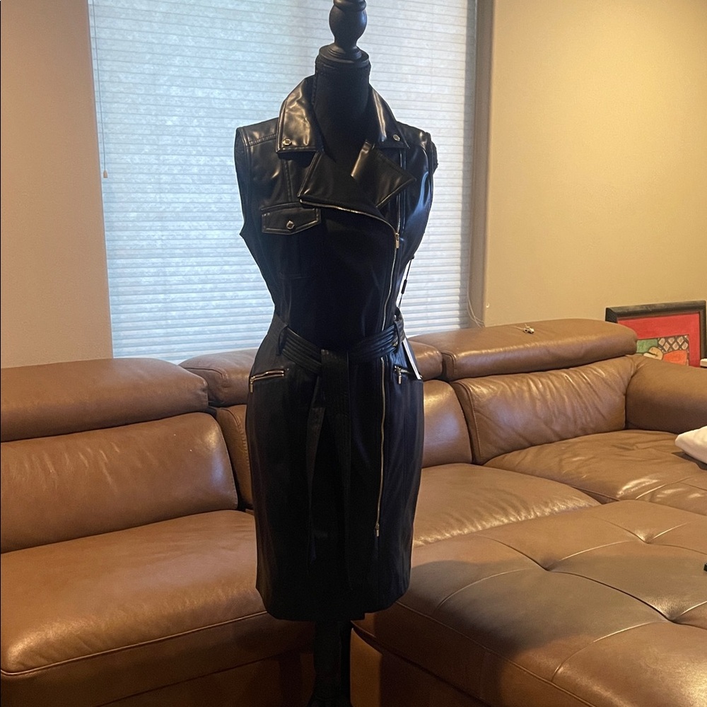 Calvin Klein Black Faux Leather Sleeveless Moto Dress